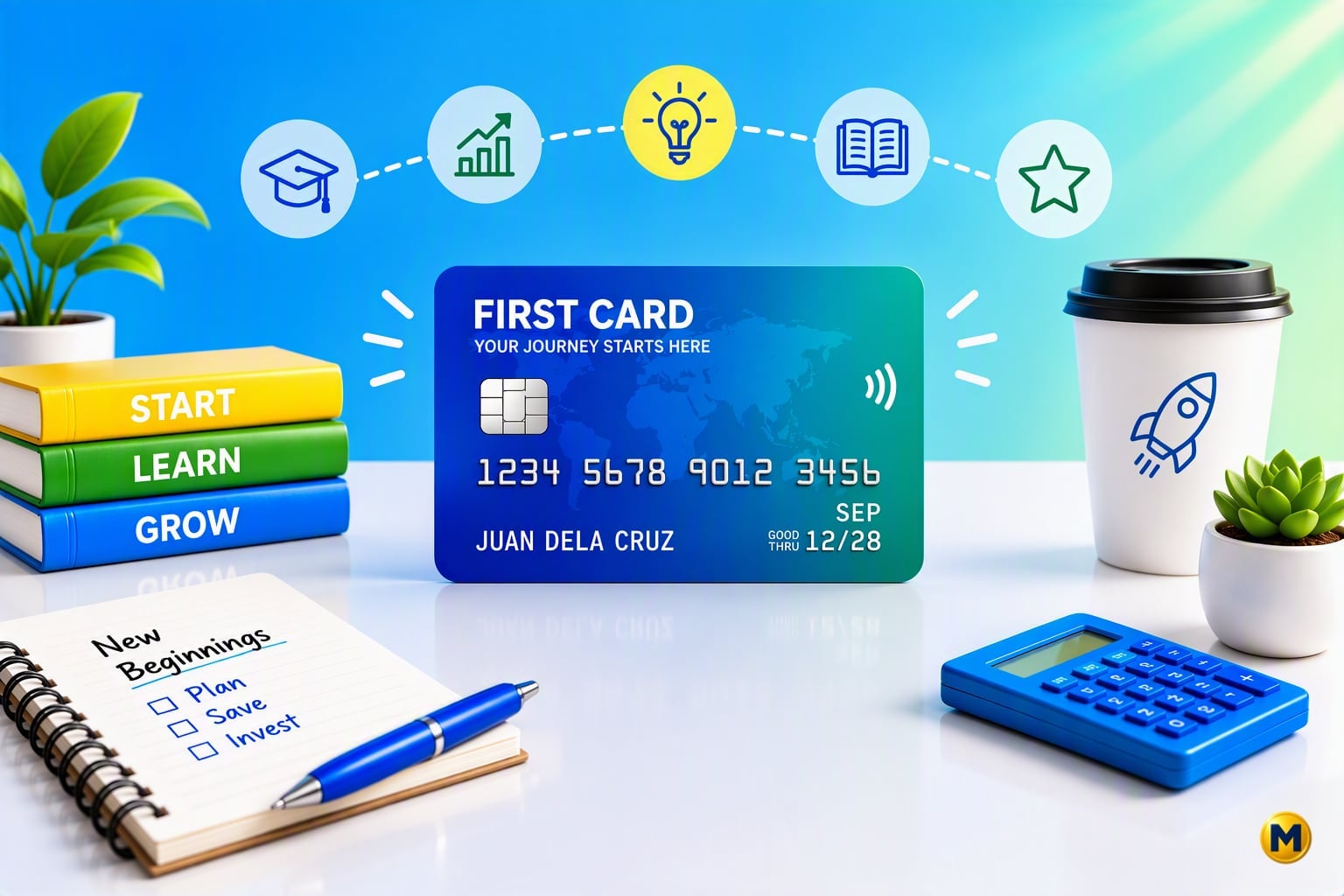 First credit card starter mockup on a desk with Start, Learn, and Grow books, a coffee cup, and small plants